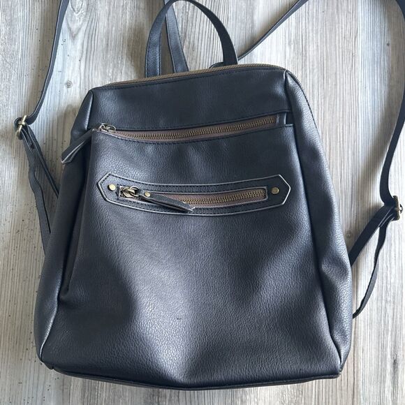 Vegan Leather Three Pocket Zipper Backpack Medium Sized With Adjustable Straps - Picture 2 of 12